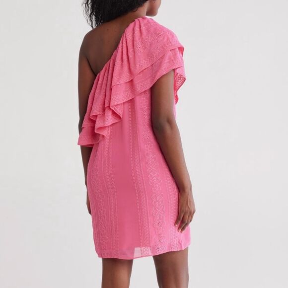 NWT Trina Turk Phebe embroidered one shoulder pink ruffle dress size M - Picture 3 of 12